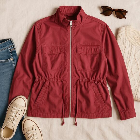 Old Navy Field Utility Jacket Red Full Zip Pockets Unlined Cotton Womens XL - Picture 1 of 7